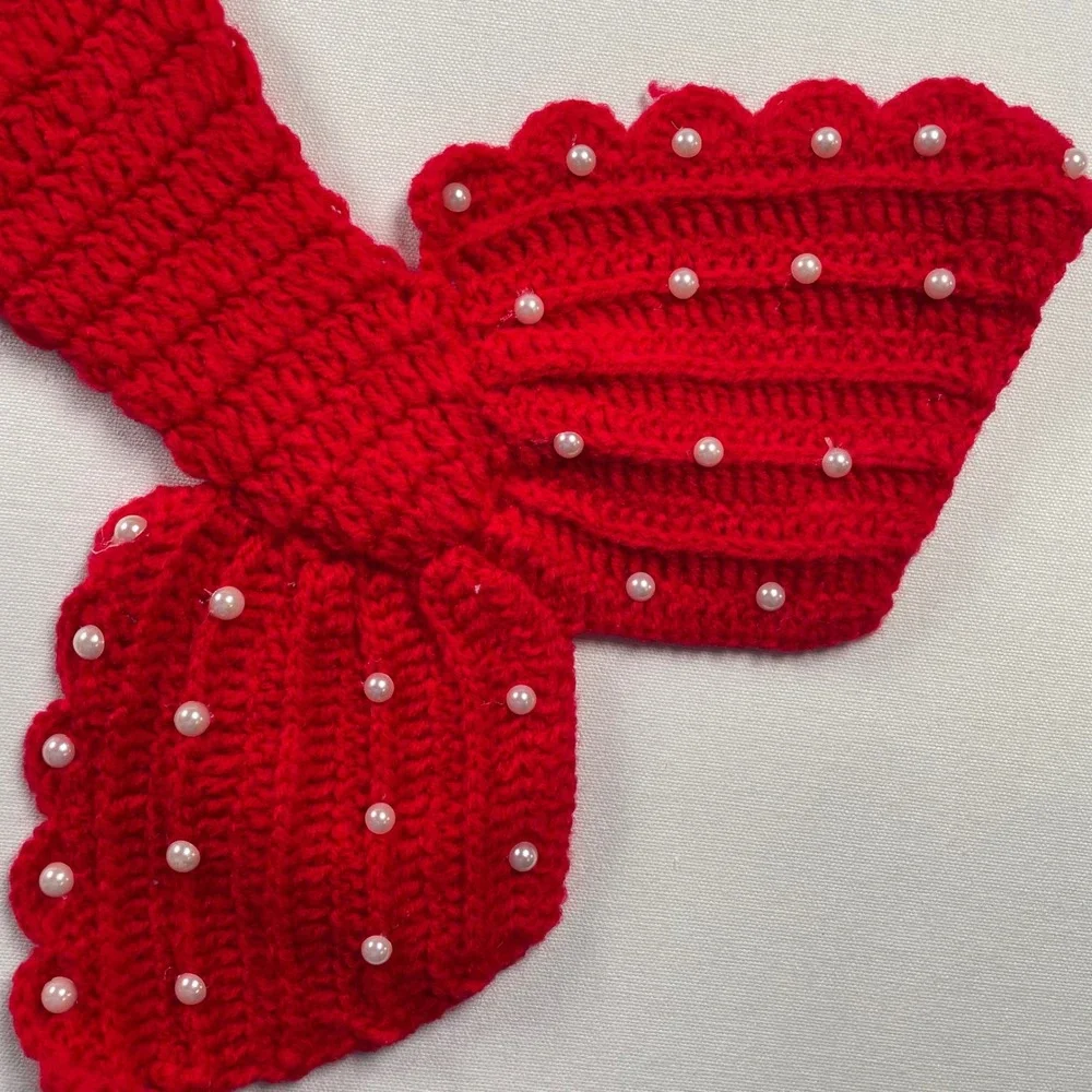 Handmade Baby Red Crochet Mermaid Tail Blanket Faux Pearl Accents Cozy Knit Fin